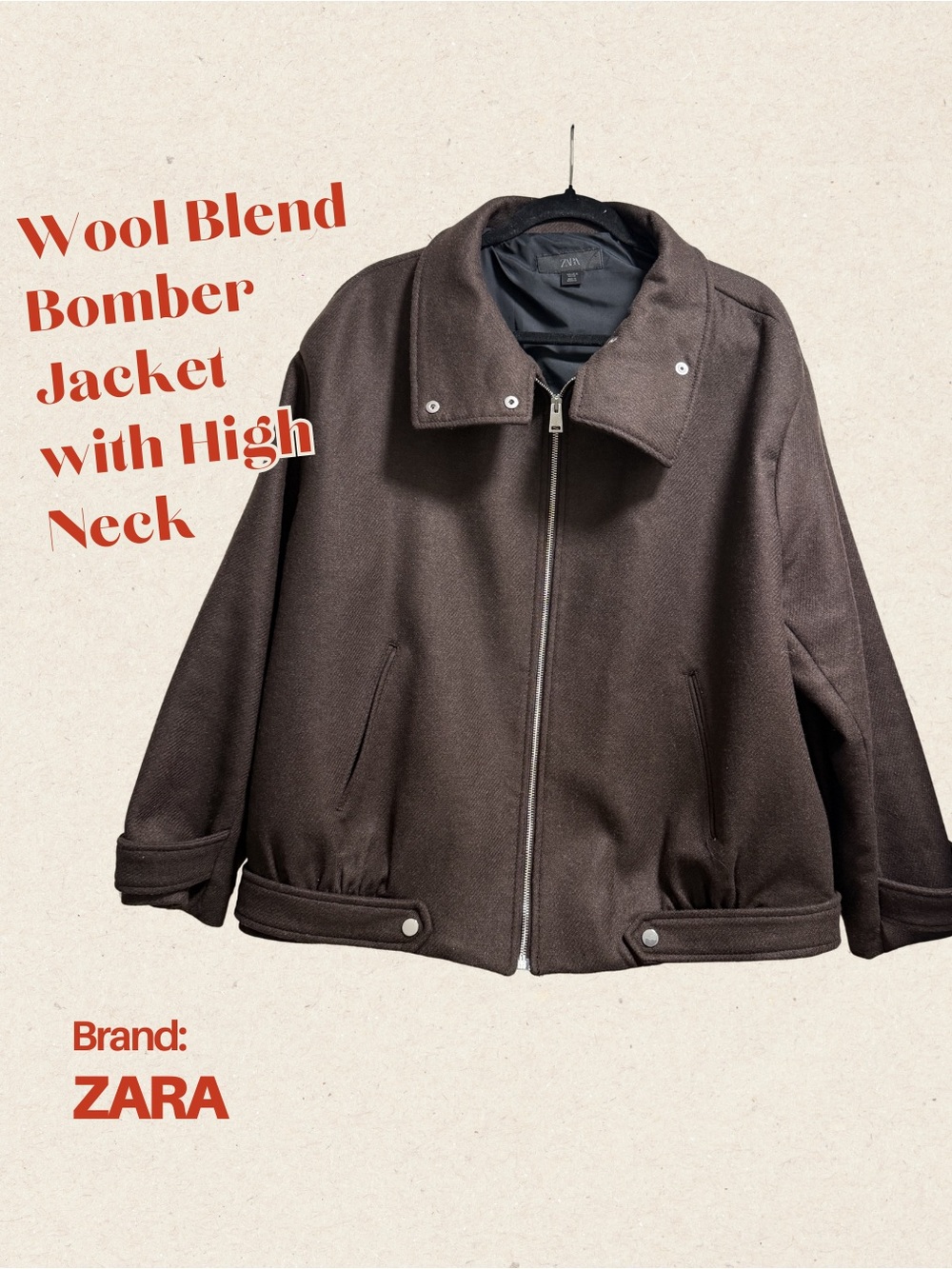 ZARA Brown Wool-Blend High Neck Bomber Jacket